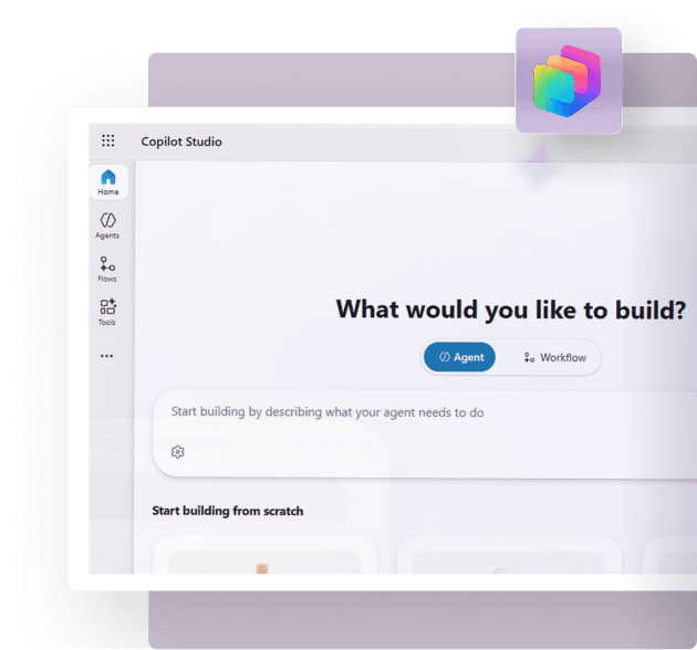 Copilot Studio home screen asking what you would like to build, with options to start an agent or a workflow