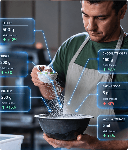 Baker sifting flour with recipe quantities and yield impact overlaid, representing an ERP fit assessment for food manufacturers