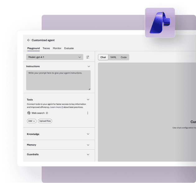 Microsoft Foundry agent playground with model choice, instructions, tools, knowledge, memory and guardrails settings