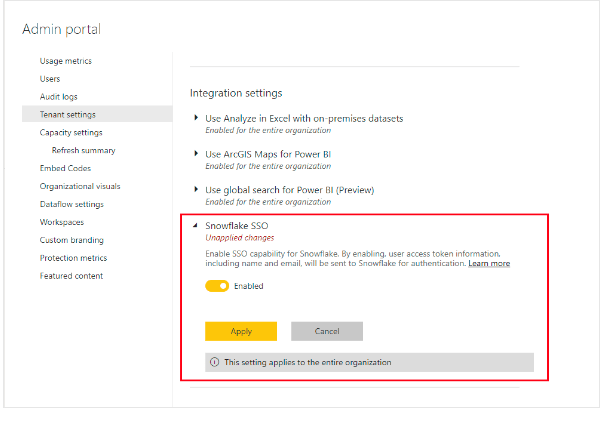 Power BI Tenant Settings for Snowflake SSO
