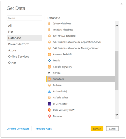 Select Snowflake in Power BI Get Data